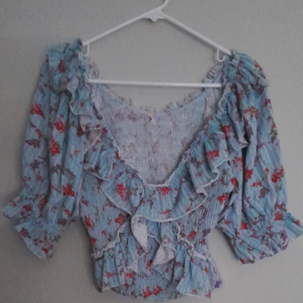 Free People Blue and White Floral Ruffled Blouse - Picture 4 of 5